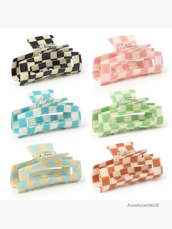 6 Pcs Checkered Hair Claw Clips Rectangle Strong Hold main image 6